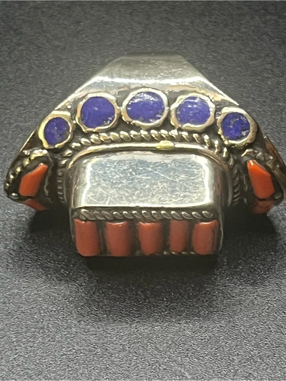 Southwestern Style Orange blue Inlay Statement Ring. Unmarked, not tested
